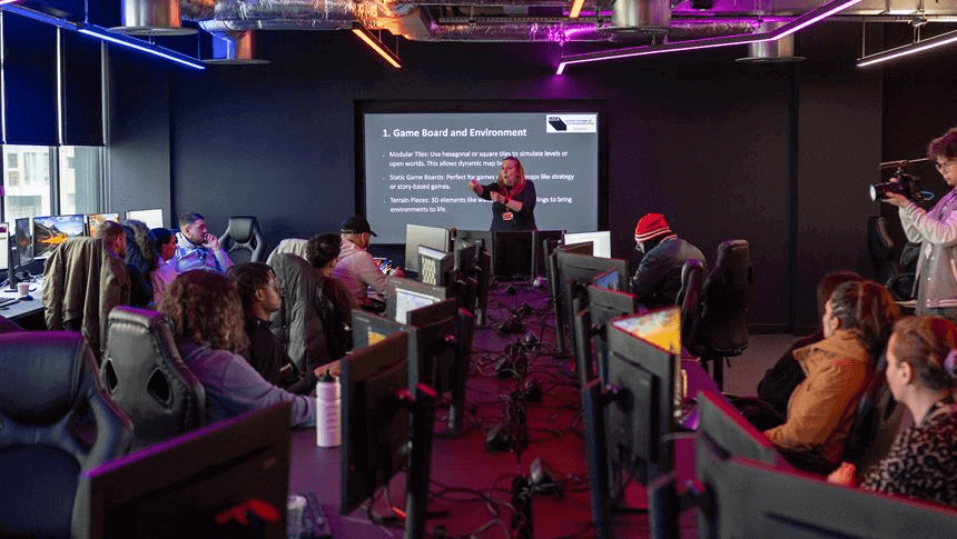 students in a lecture in the games lab
